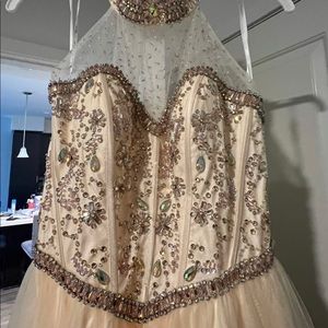 wedding dress beige gold color beautiful jewels on top needs to be dry cleaned
